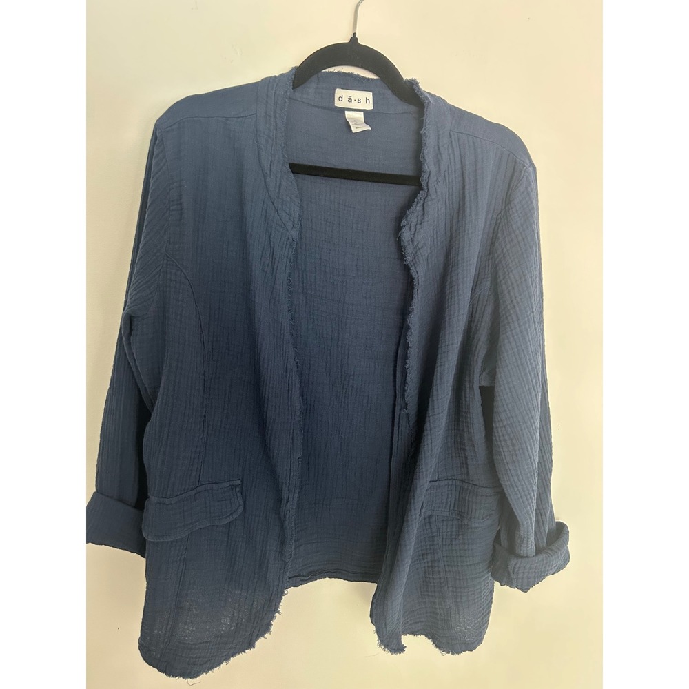 Dash Women Blue Cotton Gauze Open Front Blazer Raw Hem Lightweight Jacket Large
